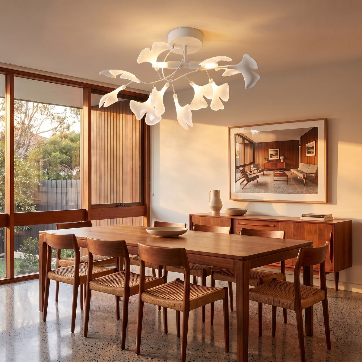 Ginkgo Leaf Branch Semi-Flush Ceiling Light in white with white leaves, above a dining table