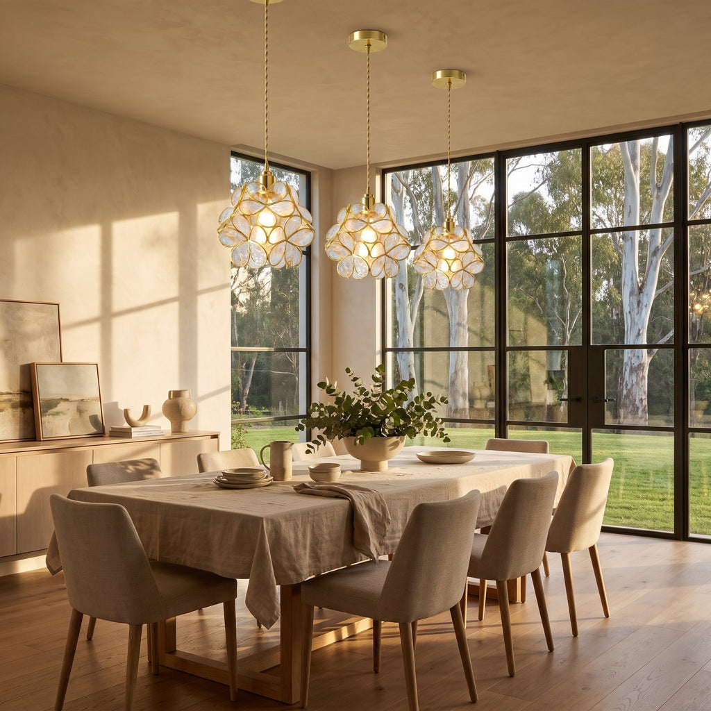 Glass Blossom Cluster Pendant Light, three pendants in a row above a dining table