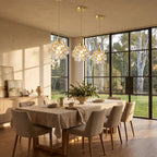 Glass Blossom Cluster Pendant Light, three pendants in a row above a dining table