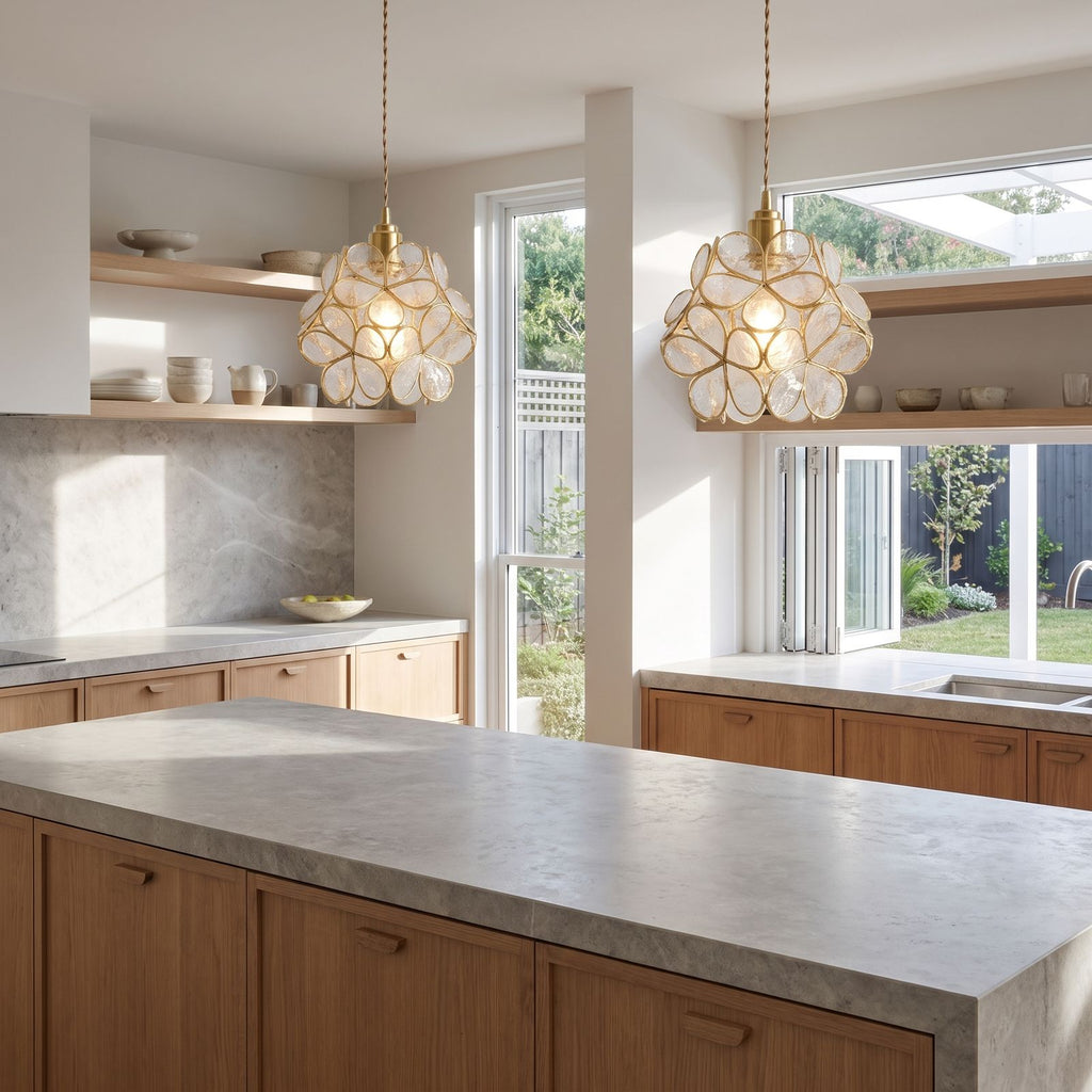 Glass Blossom Cluster Pendant Light over a stone kitchen island