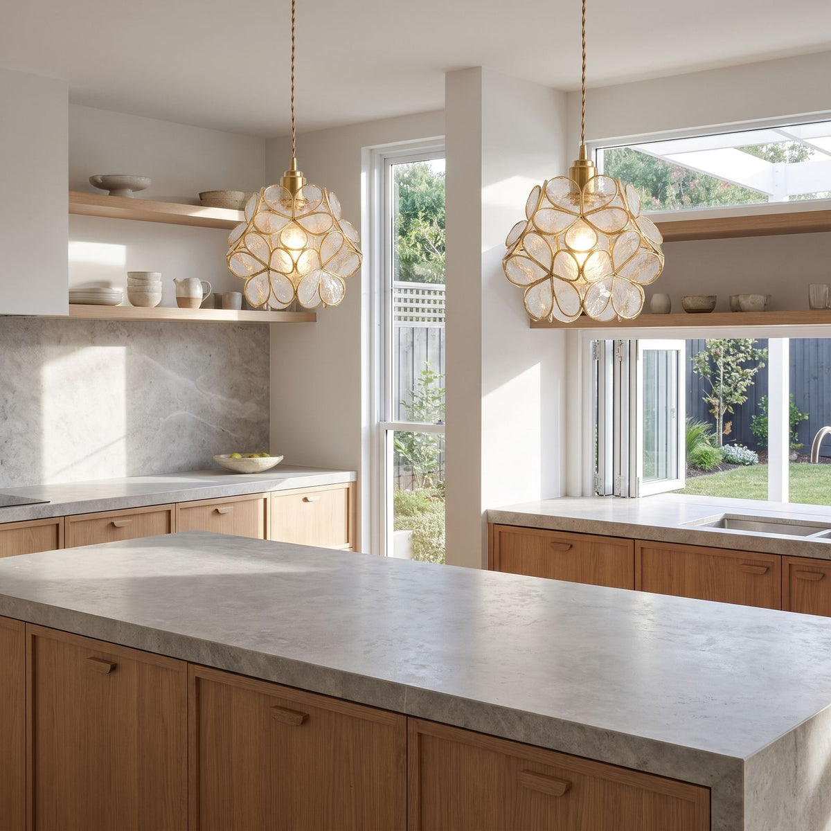 Glass Blossom Cluster Pendant Light over a stone kitchen island