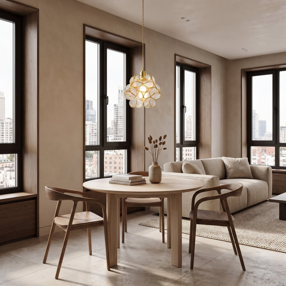 Glass Blossom Cluster Pendant Light above a round table in an apartment