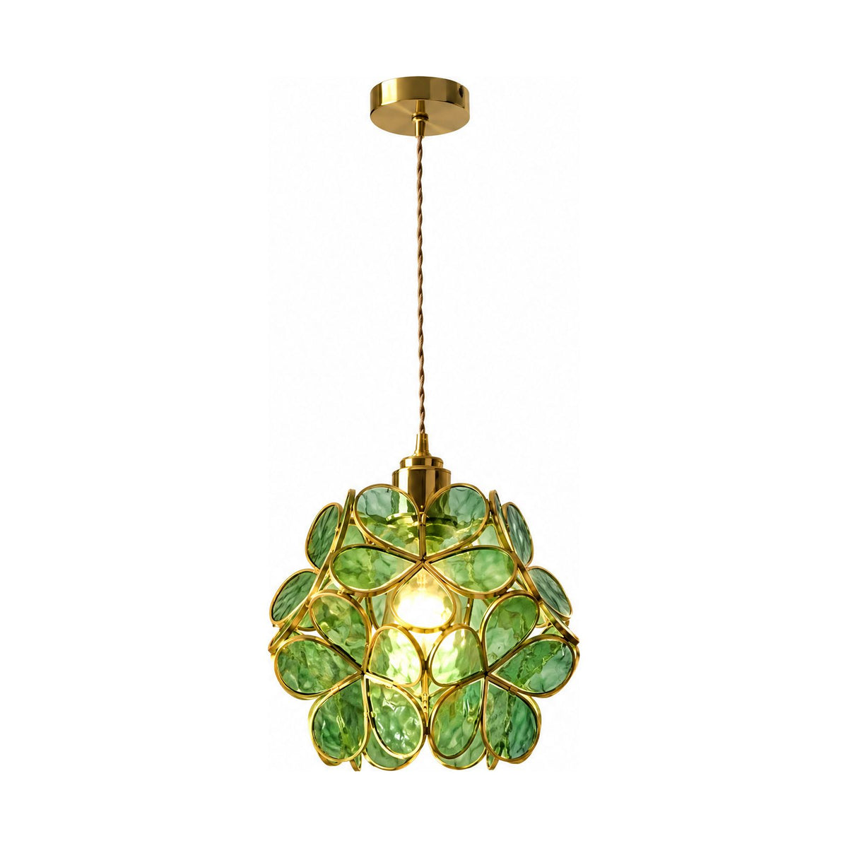 Glass Blossom Cluster Pendant Light in green glass on a white background