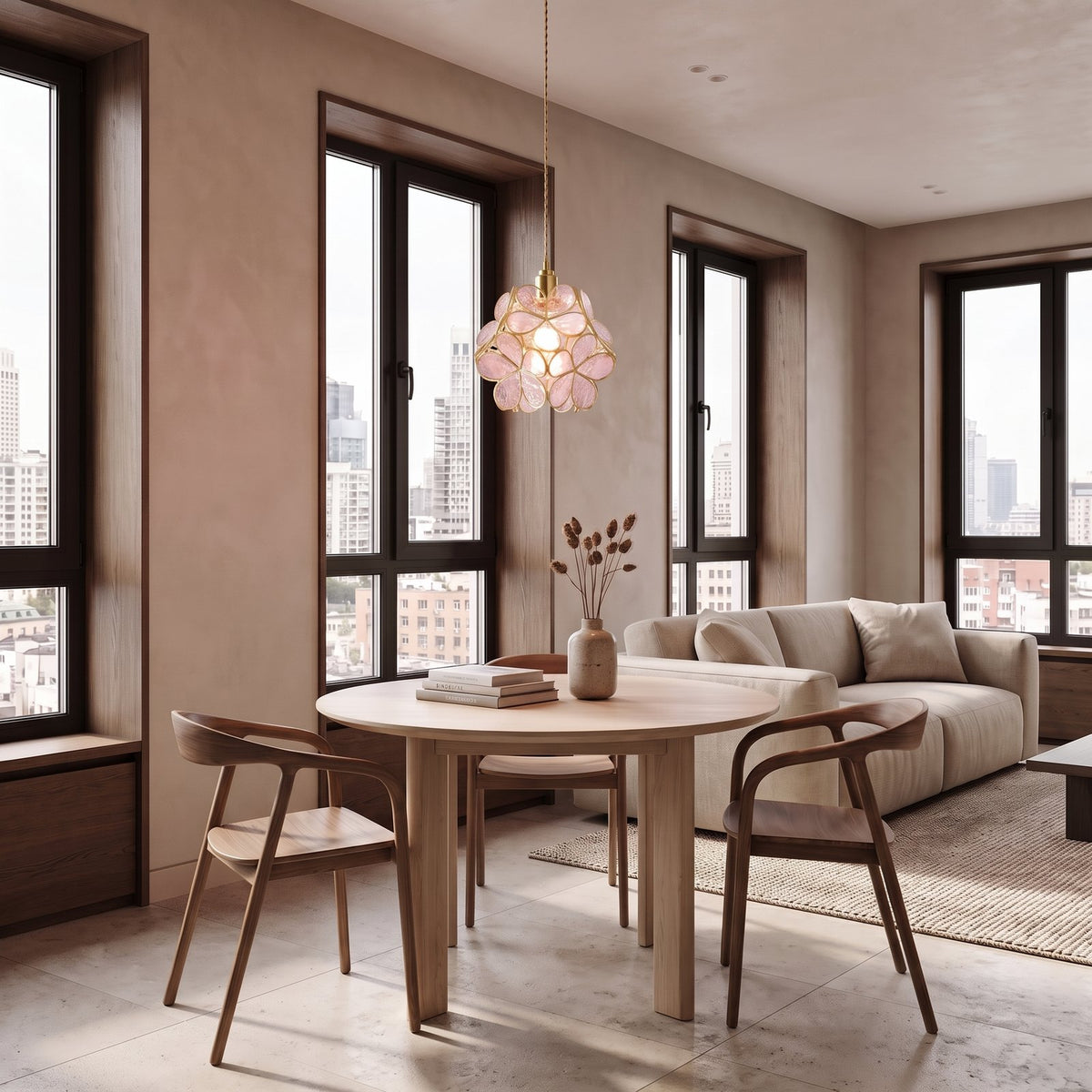 Glass Blossom Cluster Pendant Light in pink glass above a round table in an apartment