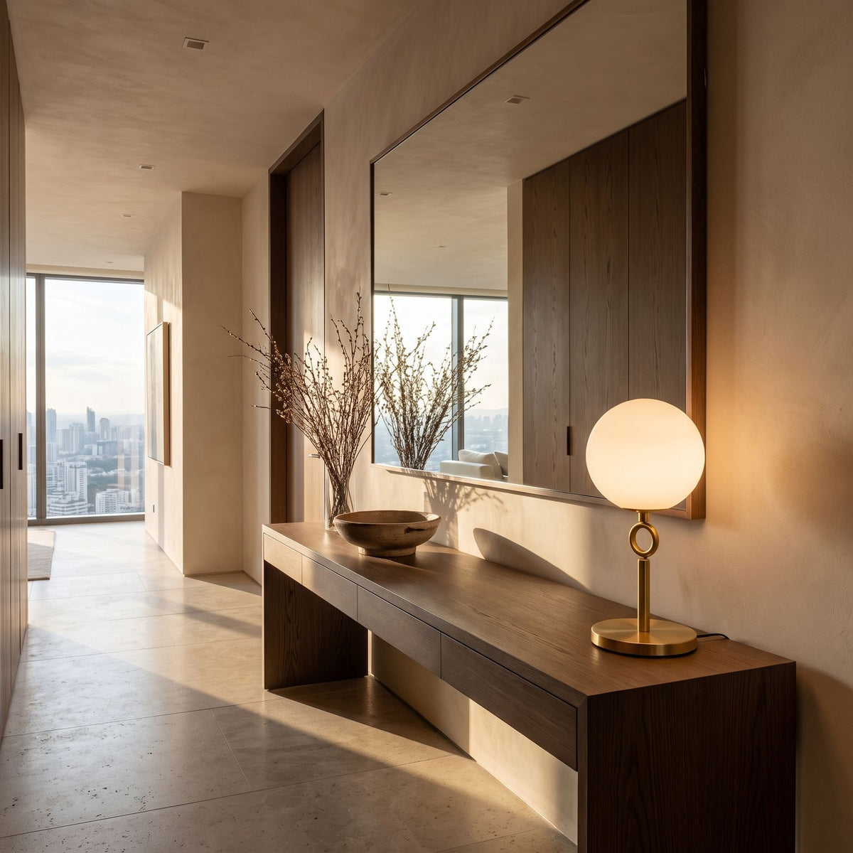 Glass Globe Gold Stem Bedside Table Lamp on a console table in an entry hall