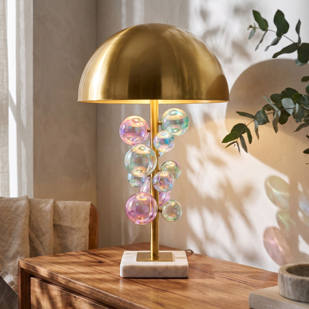 Glass Orb Cluster Marble Table Lamp, close view on a timber surface
