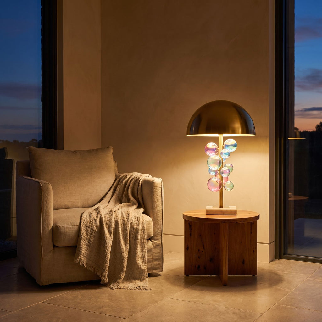 Glass Orb Cluster Marble Table Lamp beside a reading armchair
