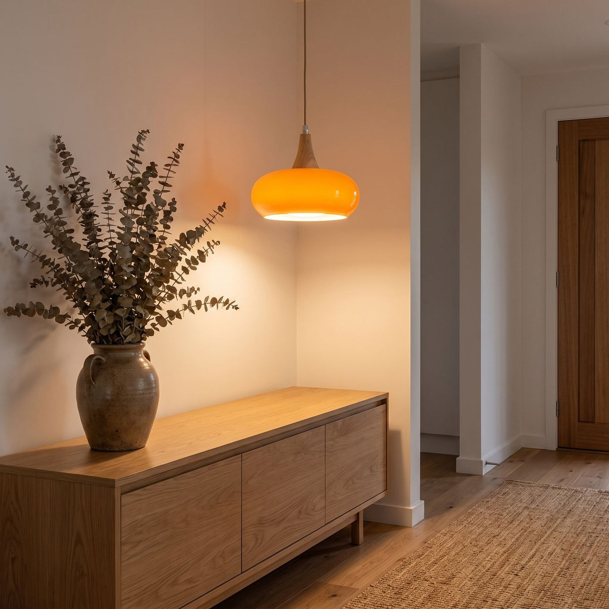 Glass saucer and timber pendant light above an entry hall console