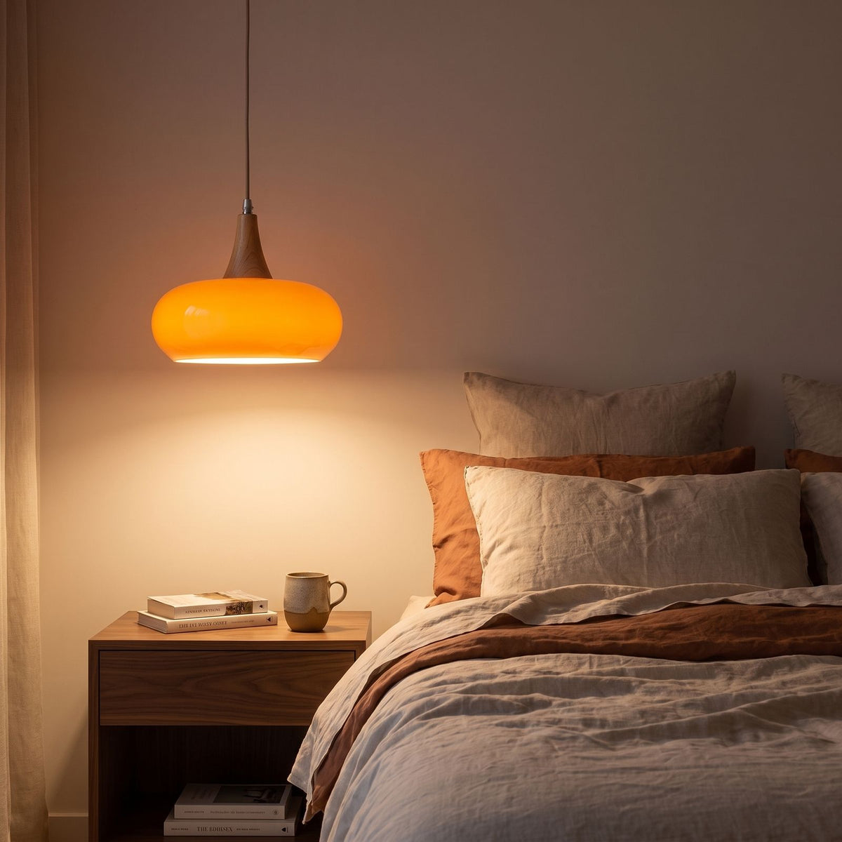 Glass Saucer Shade and Timber Pendant Light seen in a wider evening interior