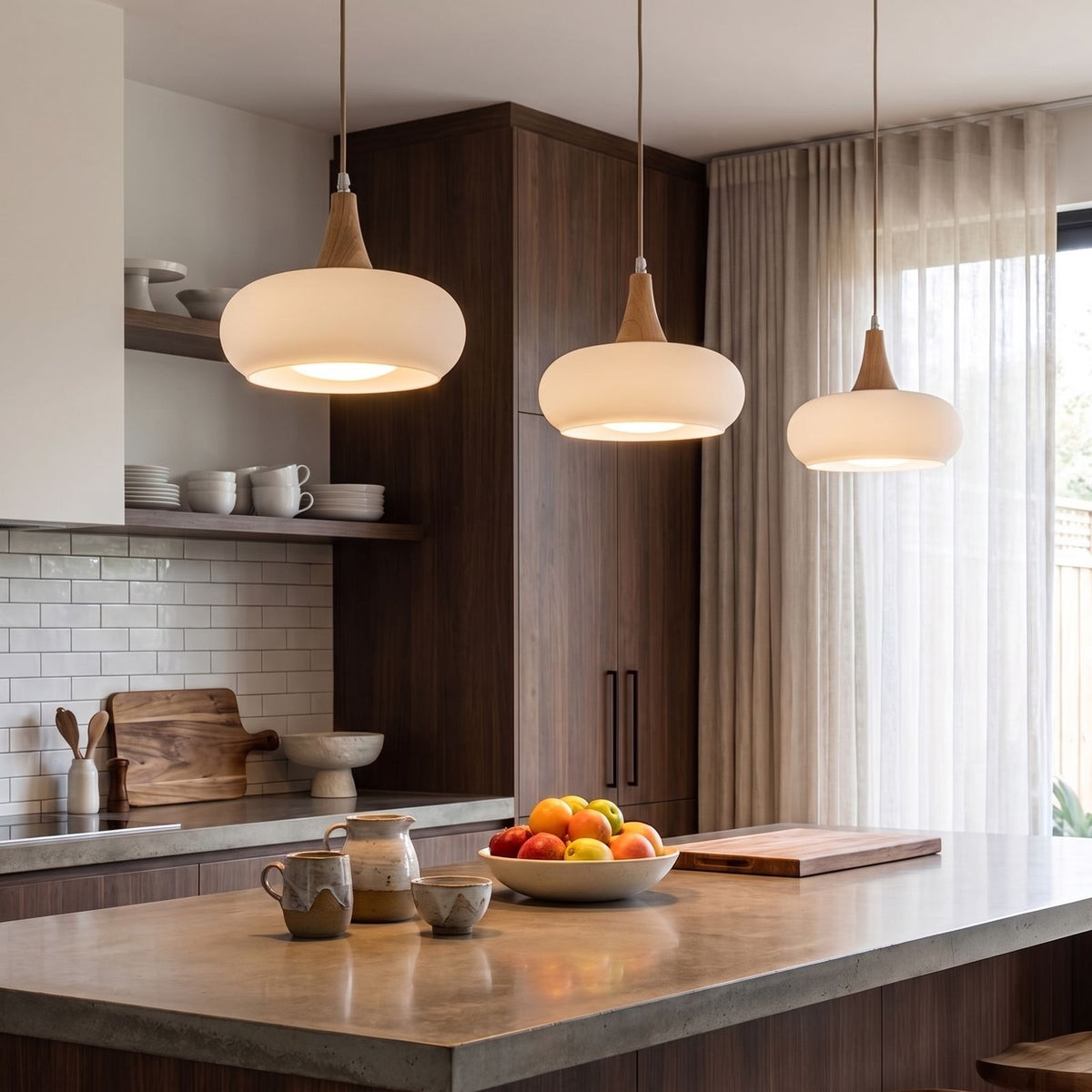 Glass Saucer Shade and Timber Pendant Light in Matte White & Timber