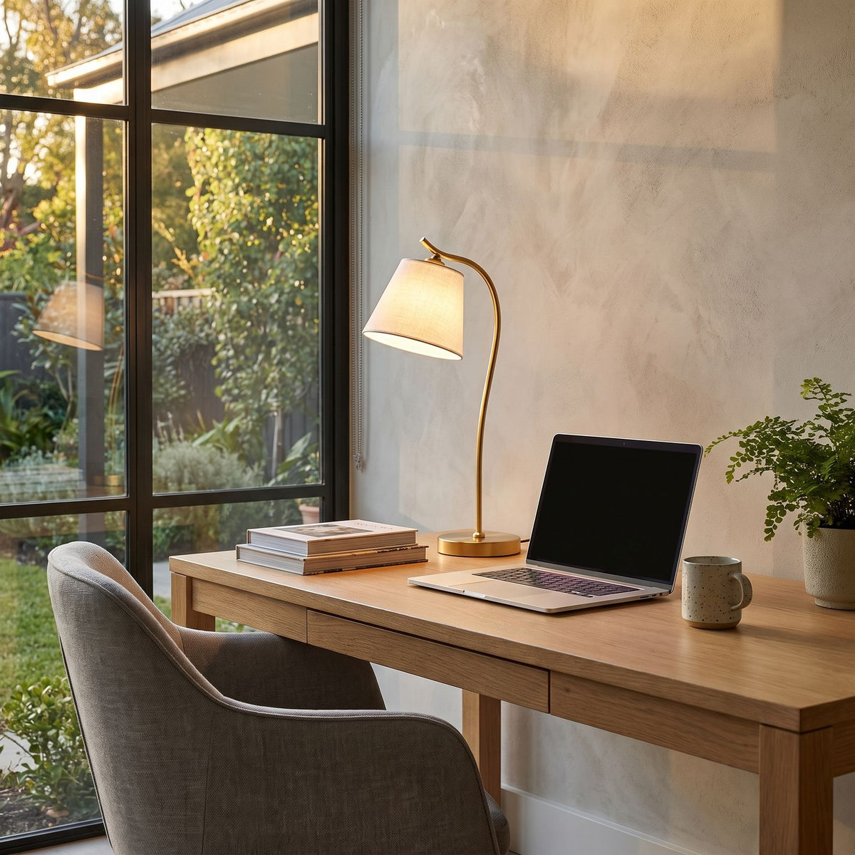 Gold Gooseneck Linen Cone Shade Desk Lamp on a desk in a home office