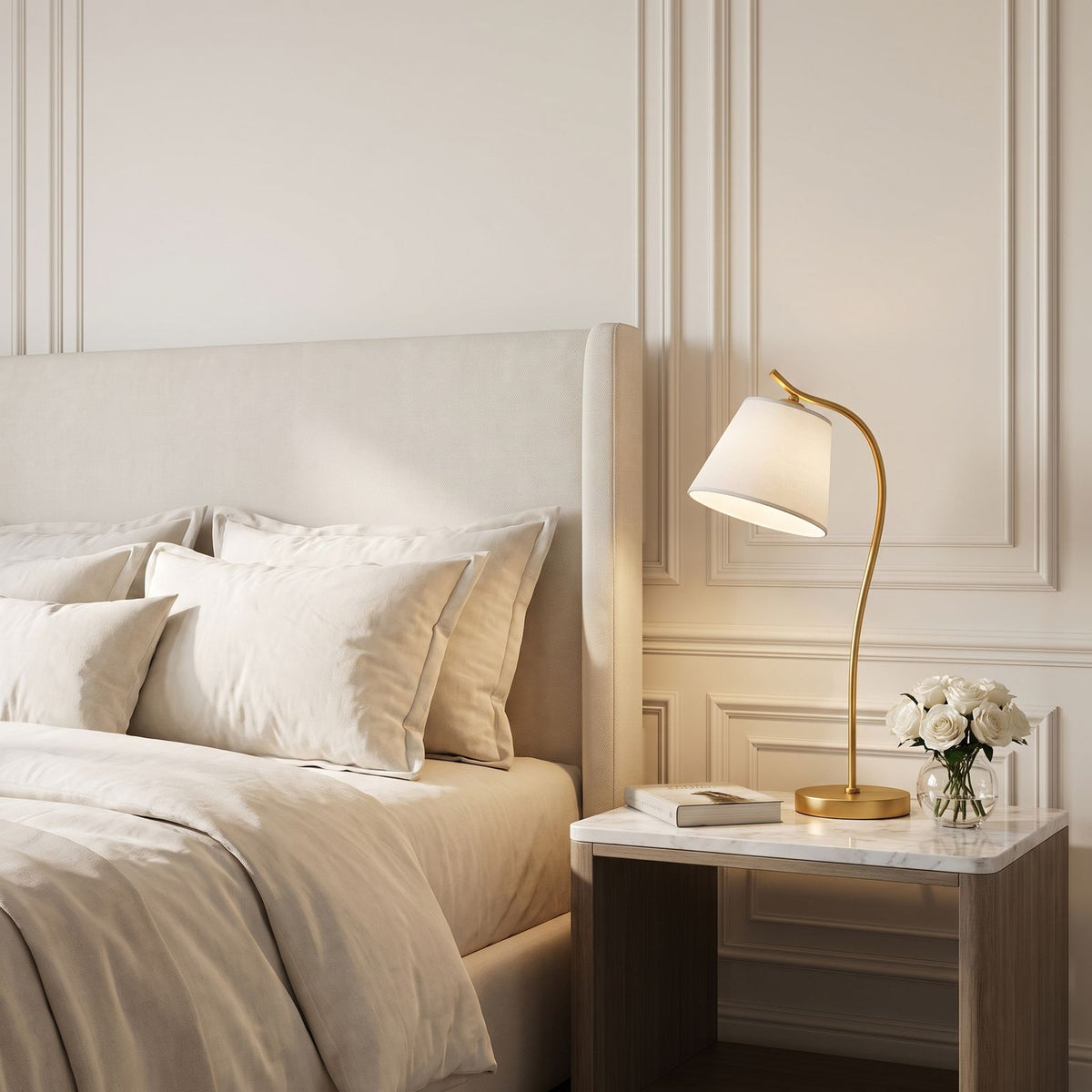 Gold Gooseneck Linen Cone Shade Desk Lamp on a bedside table in a bedroom