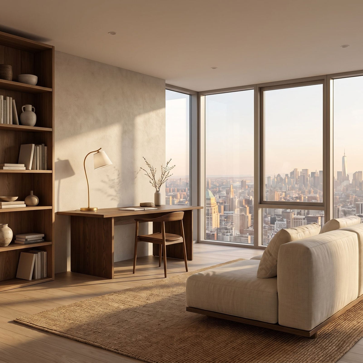 Gold Gooseneck Linen Cone Shade Desk Lamp on a desk in a study with a city view