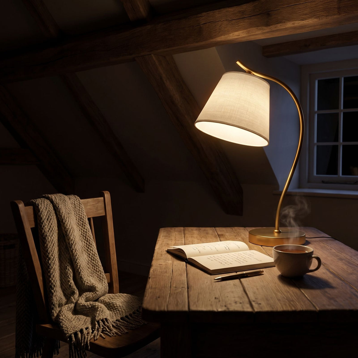 Gold Gooseneck Linen Cone Shade Desk Lamp on a desk in a reading nook at night