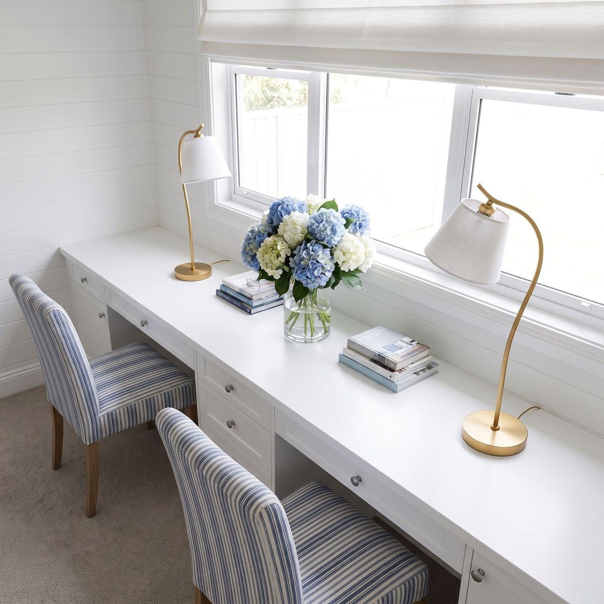 Gold Gooseneck Linen Cone Shade Desk Lamp: a pair on a long white desk
