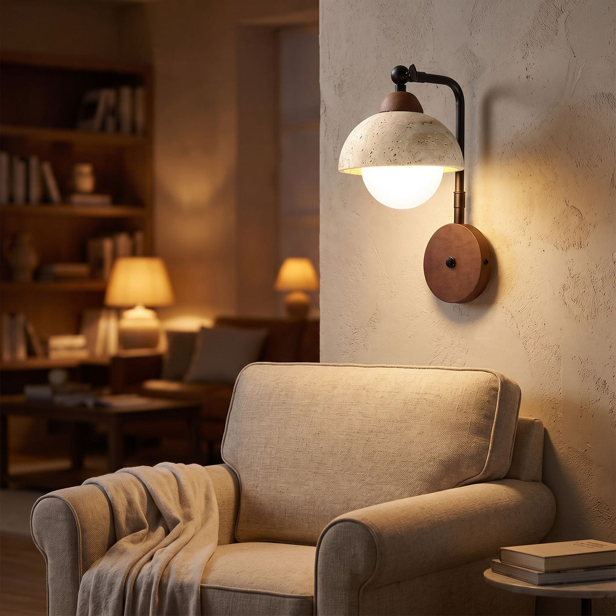 Gooseneck Travertine Dome and Globe Wall Light in a hallway above a timber console