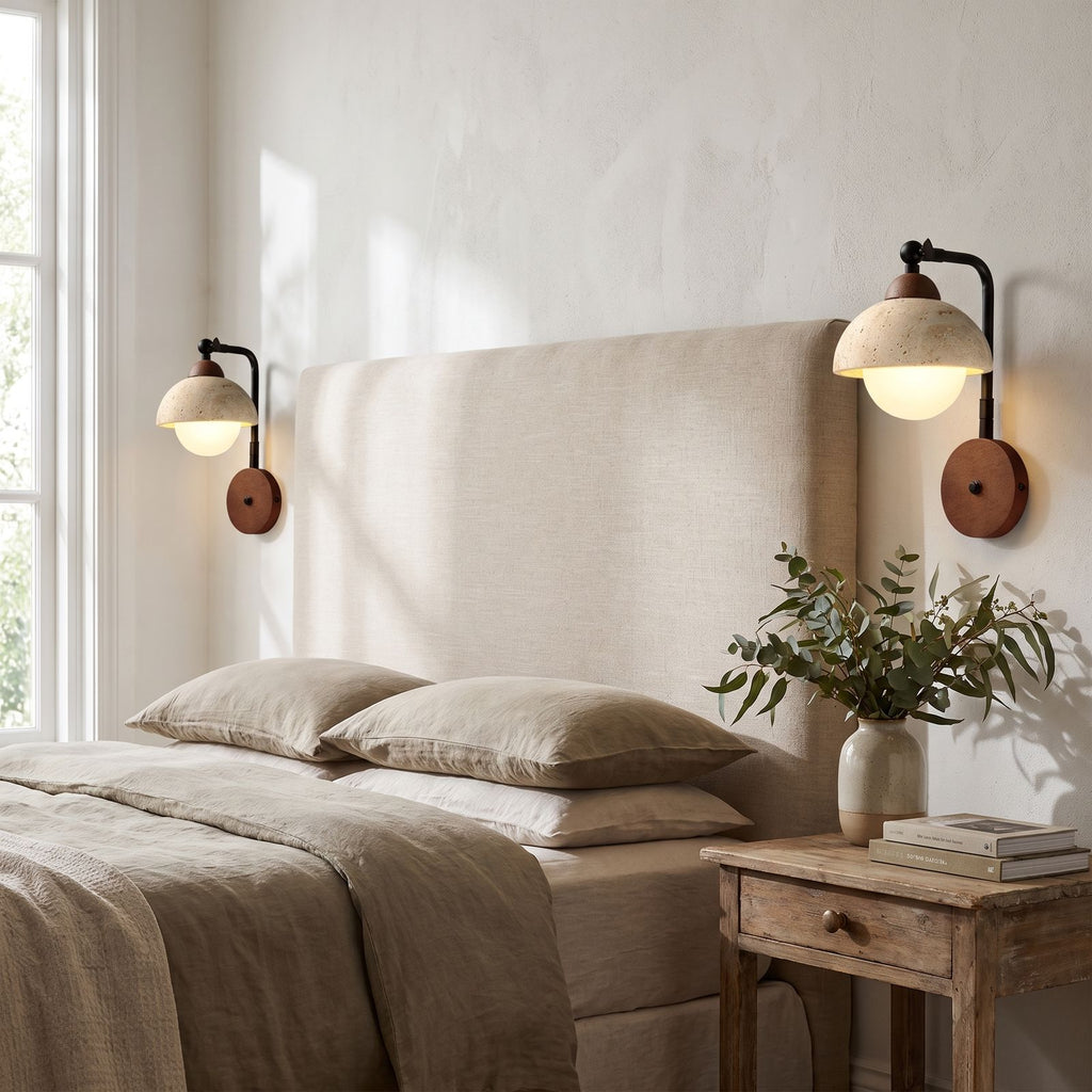 Gooseneck Travertine Dome and Globe Wall Light in a pair on a wall of an Australian home