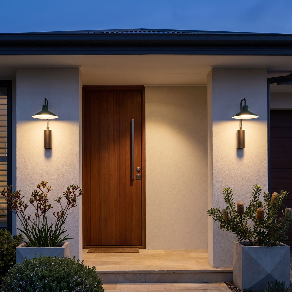 A pair of Green Cone Shade Outdoor Wall Lights either side of a timber front door