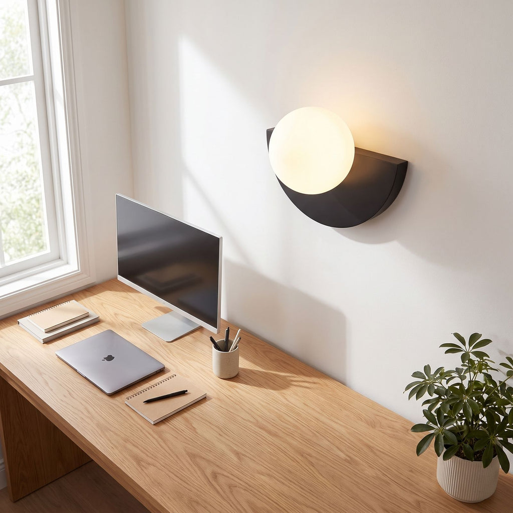 Half moon iron and opal globe wall light above a home office desk in daylight