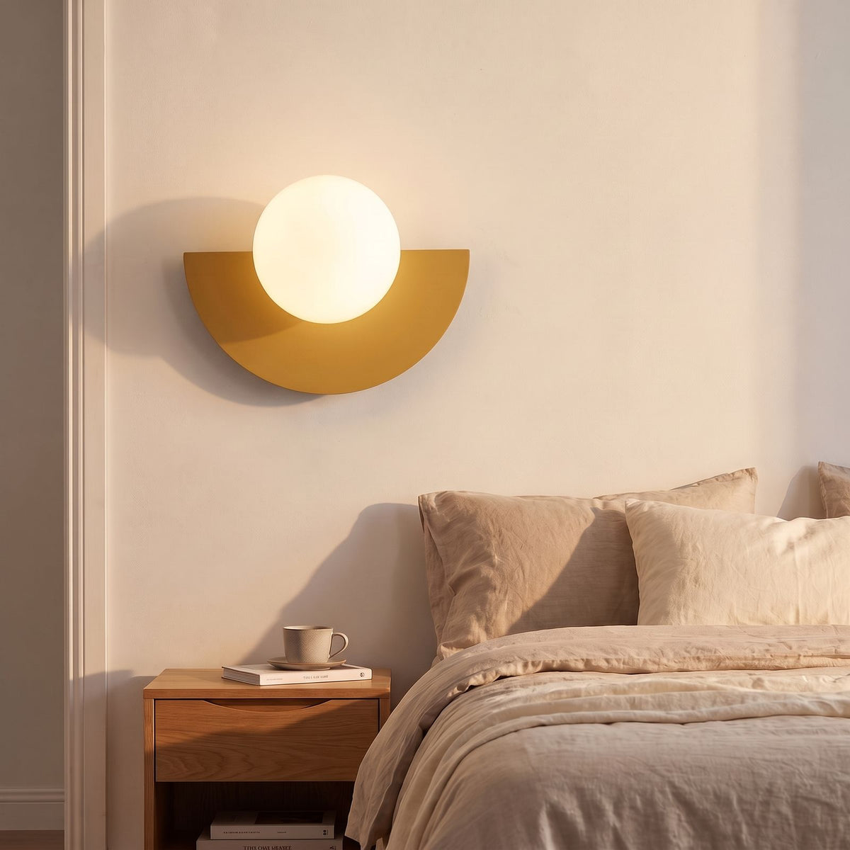 Half Moon Iron and Opal Globe Wall Light in yellow beside a bed