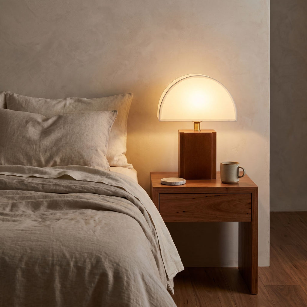 Half Moon Shade Bamboo Base Table Lamp on a bedside table