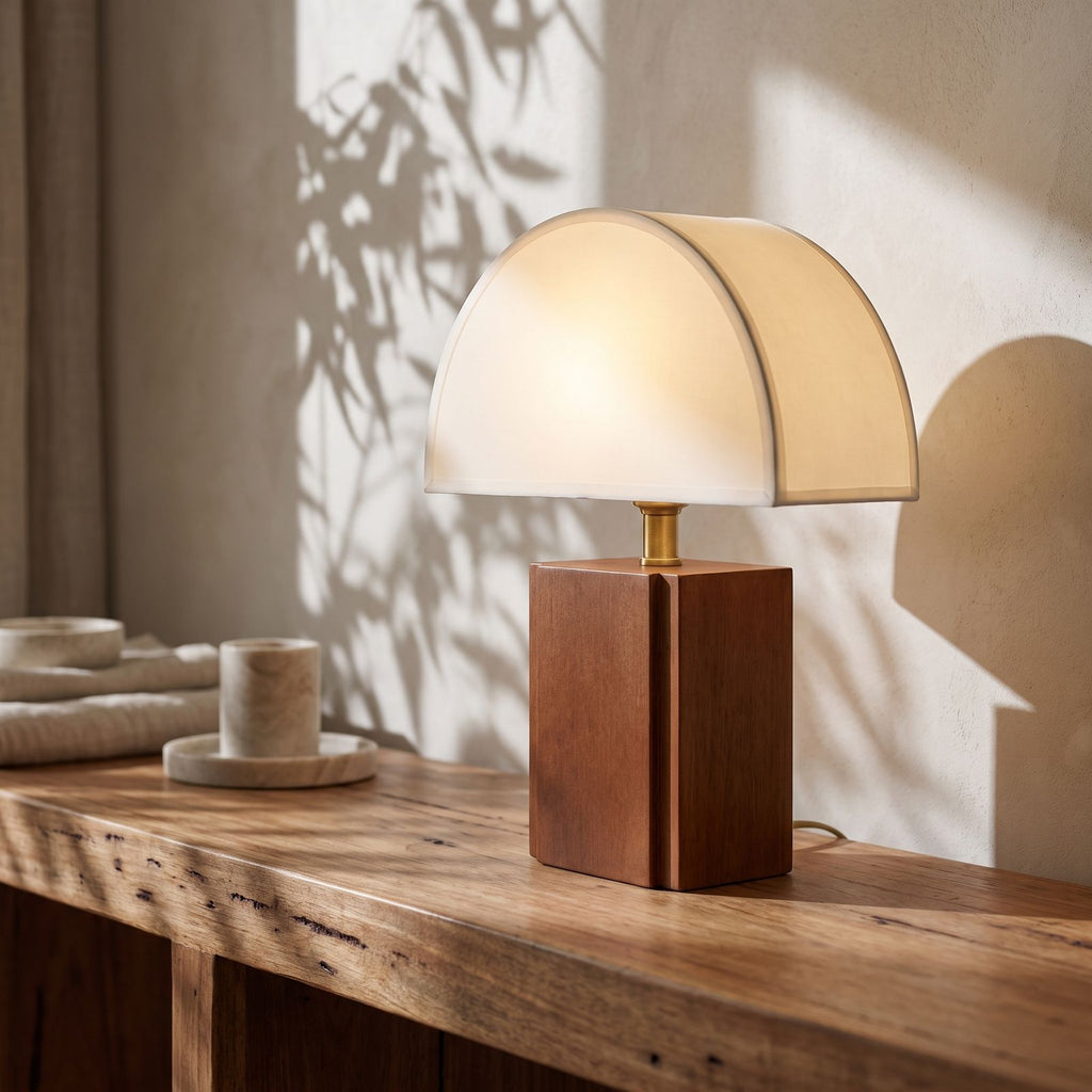 Half Moon Shade Bamboo Base Table Lamp, close view on a timber surface