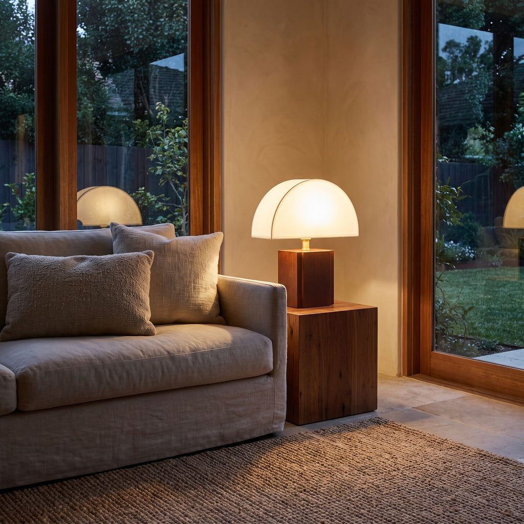 Half Moon Shade Bamboo Base Table Lamp on a side table beside a sofa