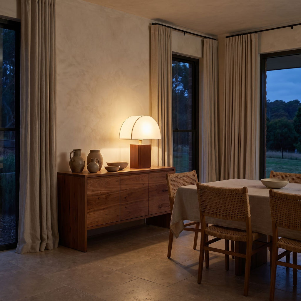Half Moon Shade Bamboo Base Table Lamp on a timber sideboard in a dining room
