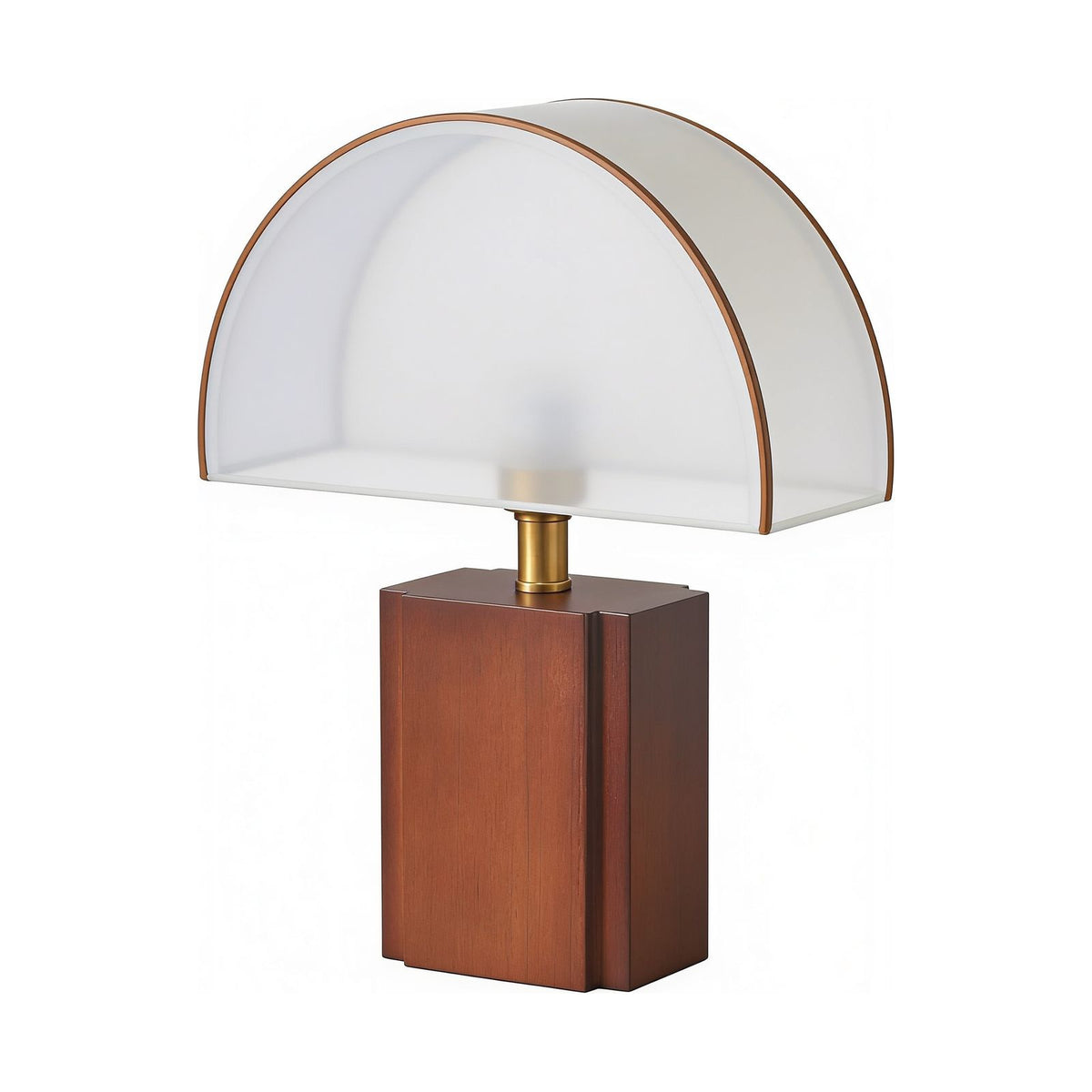 Half Moon Shade Bamboo Base Table Lamp with brown-edged shade on a white background
