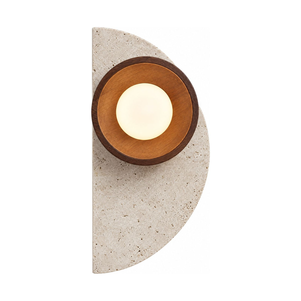 Half Moon Travertine and Wood Wall Light on a white background