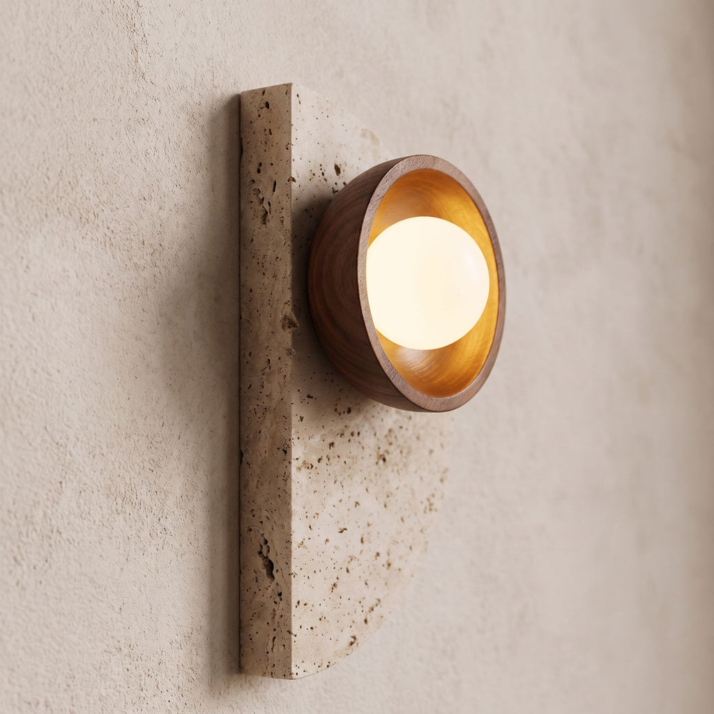 Half Moon Travertine and Wood Wall Light, close view at 45 degrees on a plaster wall