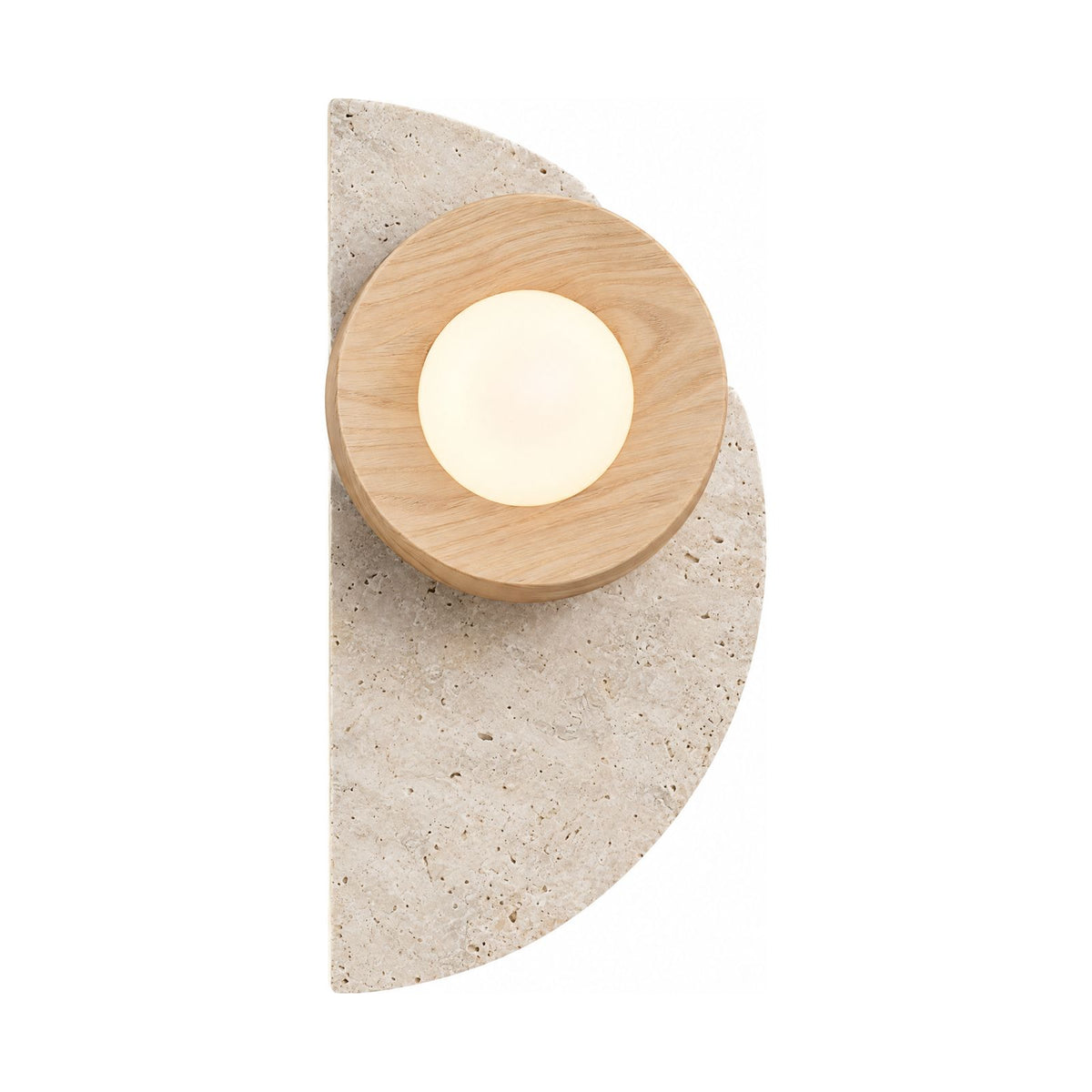 Half Moon Travertine and Wood Wall Light in Natural Log Wood on a white background