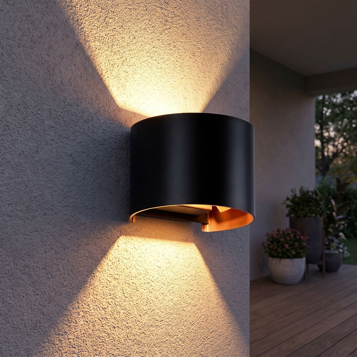 Half Round Up Down Outdoor Wall Light on a porch wall at dusk