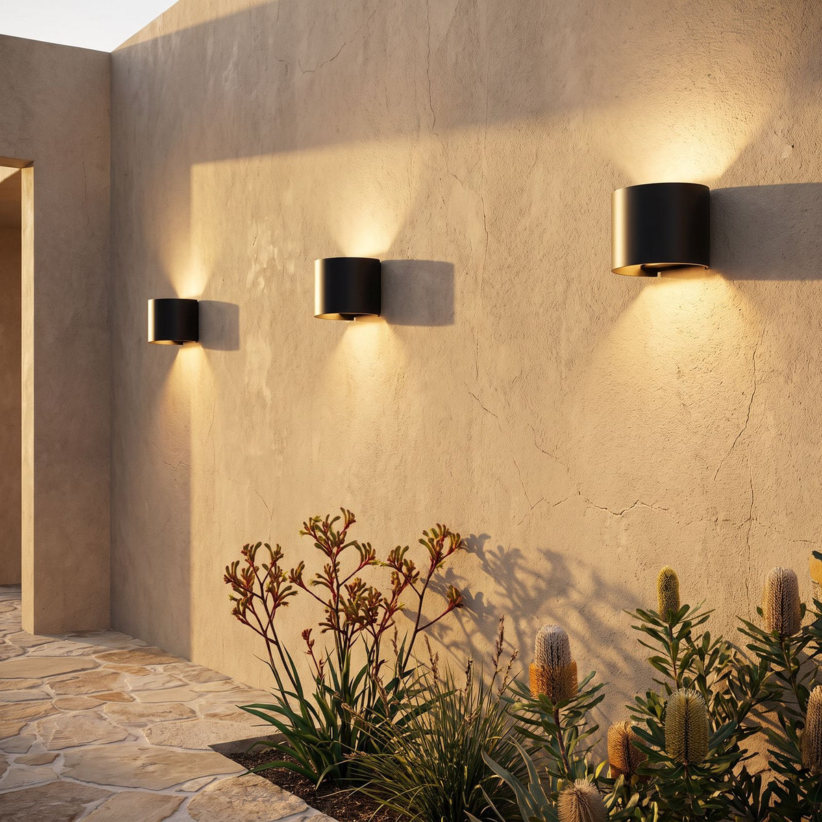Half Round Up Down Outdoor Wall Light in a pair on the facade of an Australian home