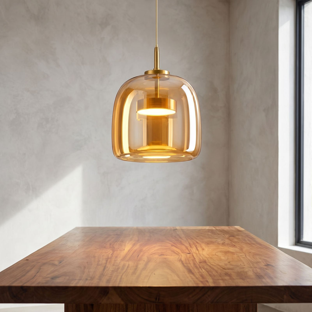 Hand Blown Glass LED Pendant Light above a timber dining table