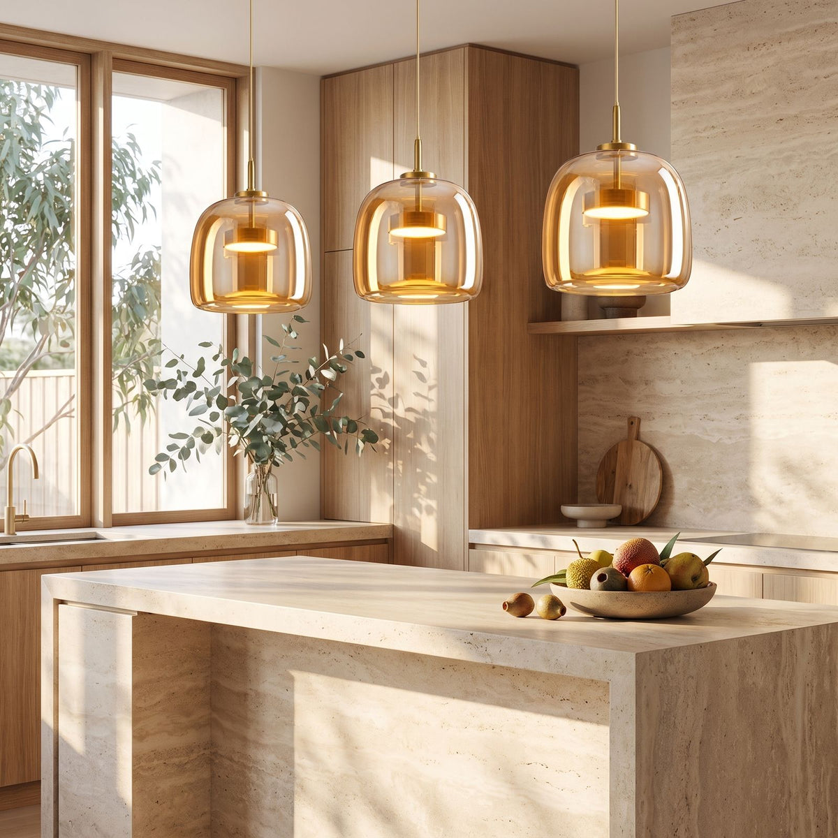 Hand Blown Glass LED Pendant Light in a row over a stone kitchen island