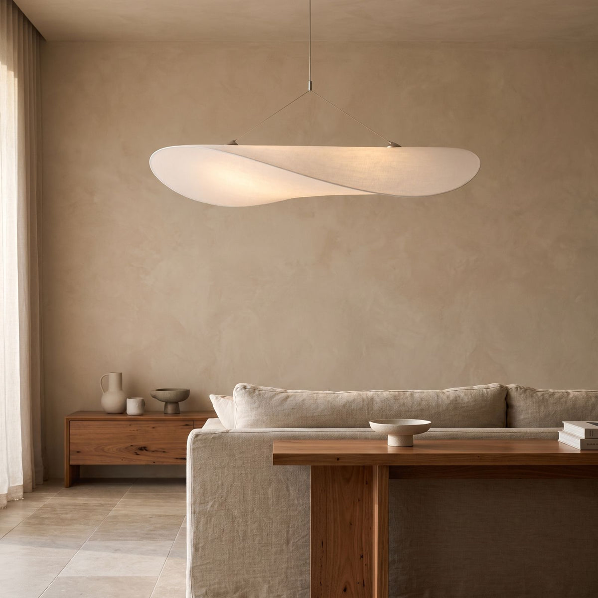 Hand-Knitted Silk Fabric Pendant Light, close view from below