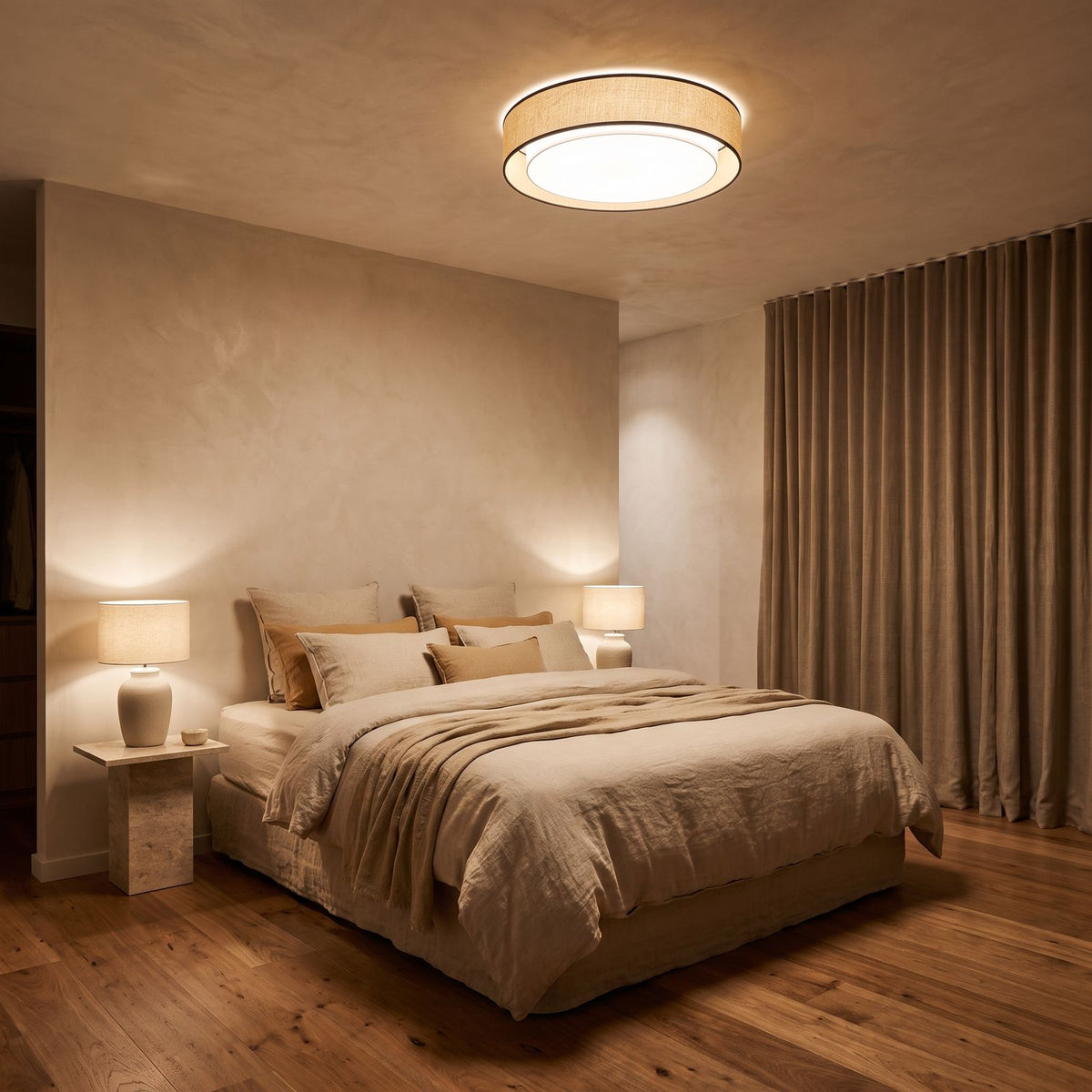 Hand-Woven Acrylic Drum Shade Ceiling Light on a bedroom ceiling