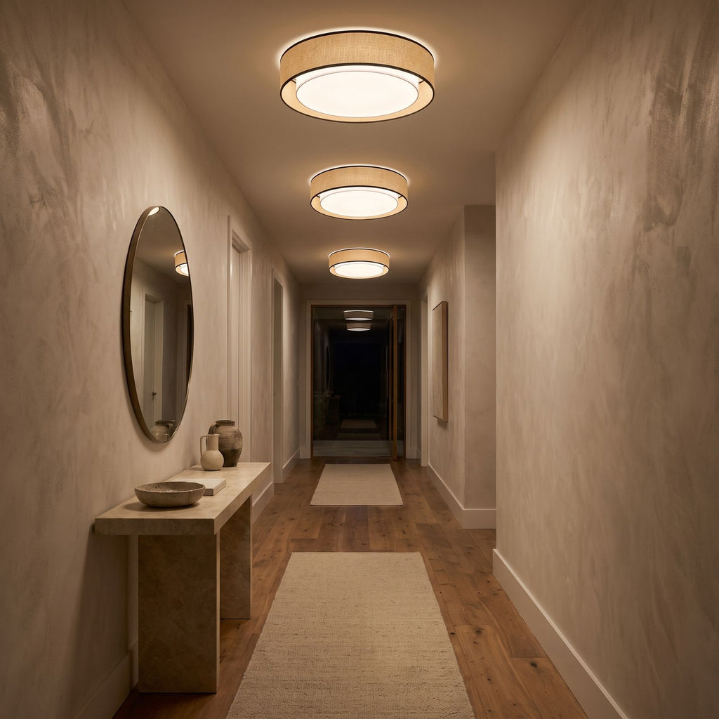 Hand-Woven Acrylic Drum Shade Ceiling Lights along a hallway ceiling
