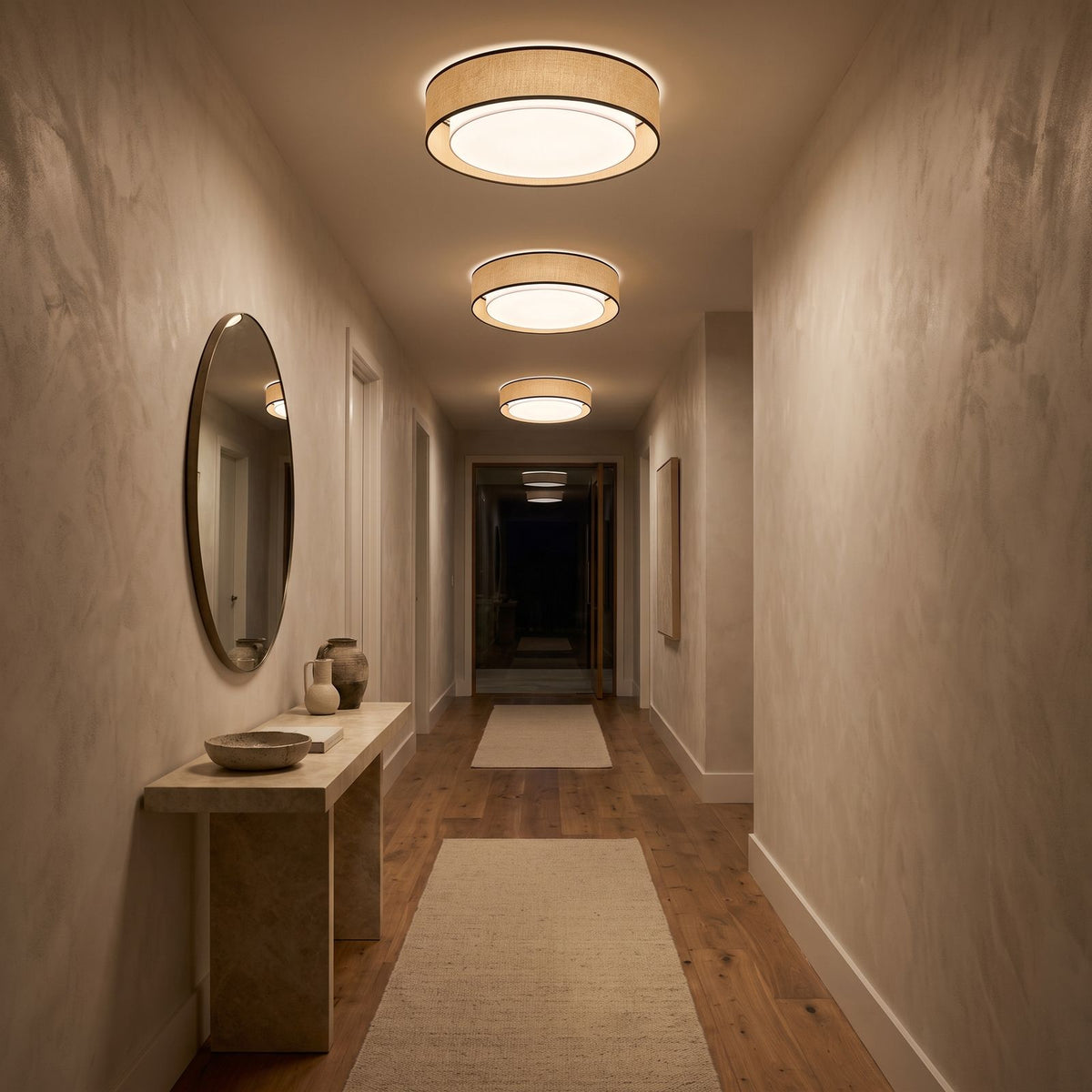 Hand-Woven Acrylic Drum Shade Ceiling Lights along a hallway ceiling