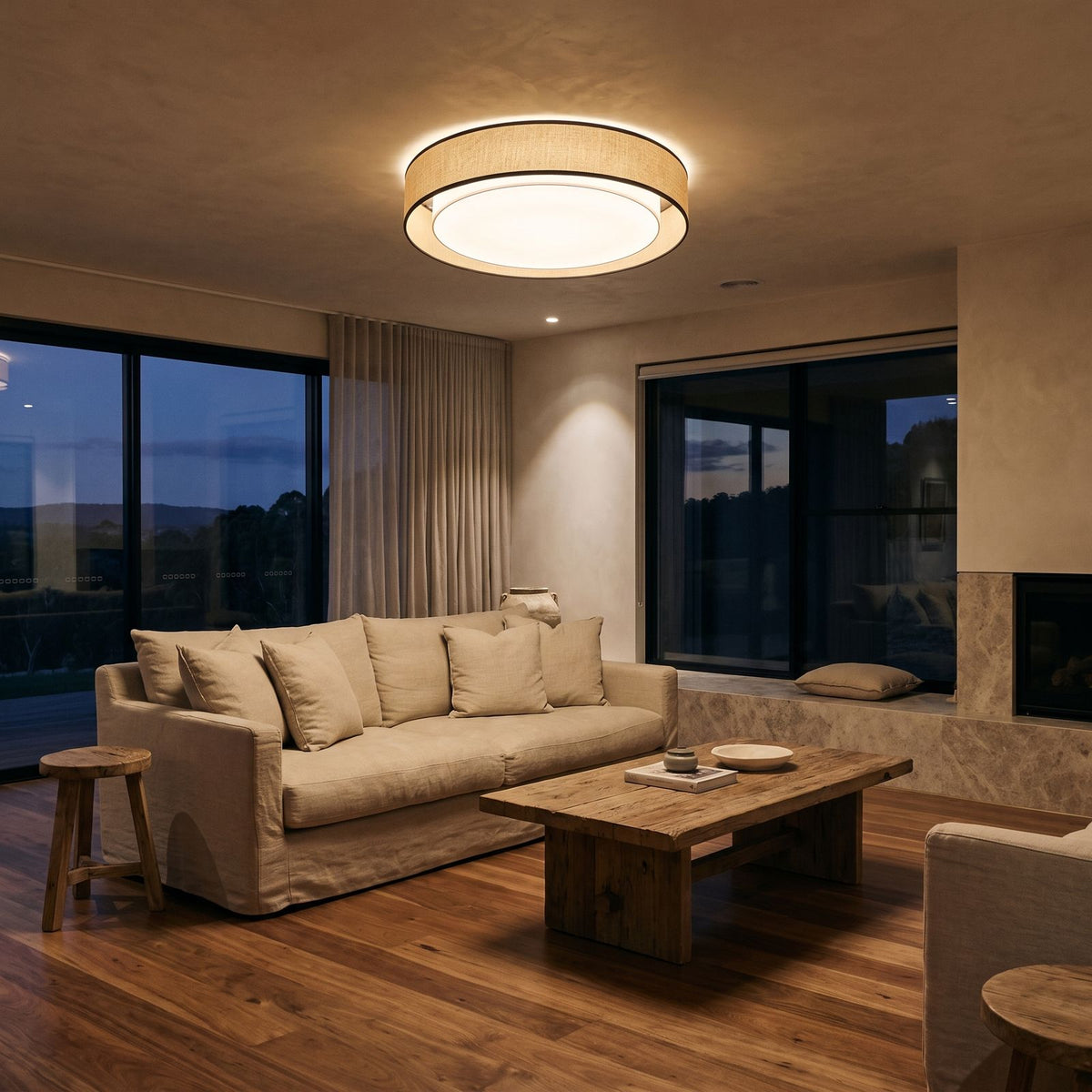 Hand-Woven Acrylic Drum Shade Ceiling Light on a living room ceiling