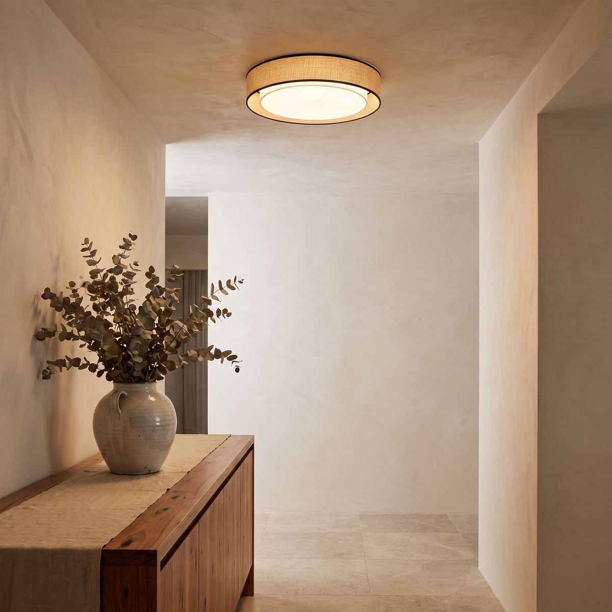 Hand-Woven Acrylic Drum Shade Ceiling Light in an entry foyer