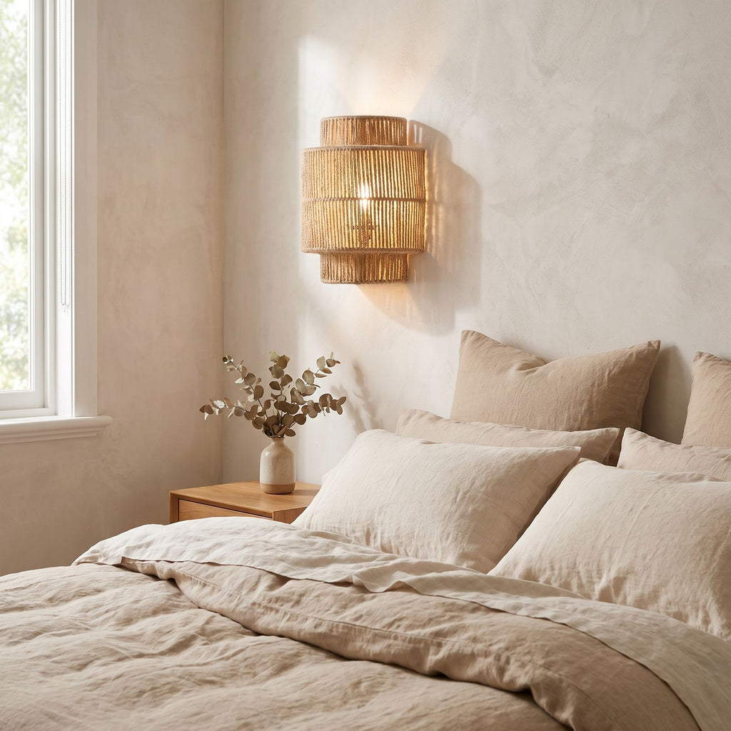 Hand Woven Natural Fibre Up Down Wall Light on a bedroom wall beside the bed