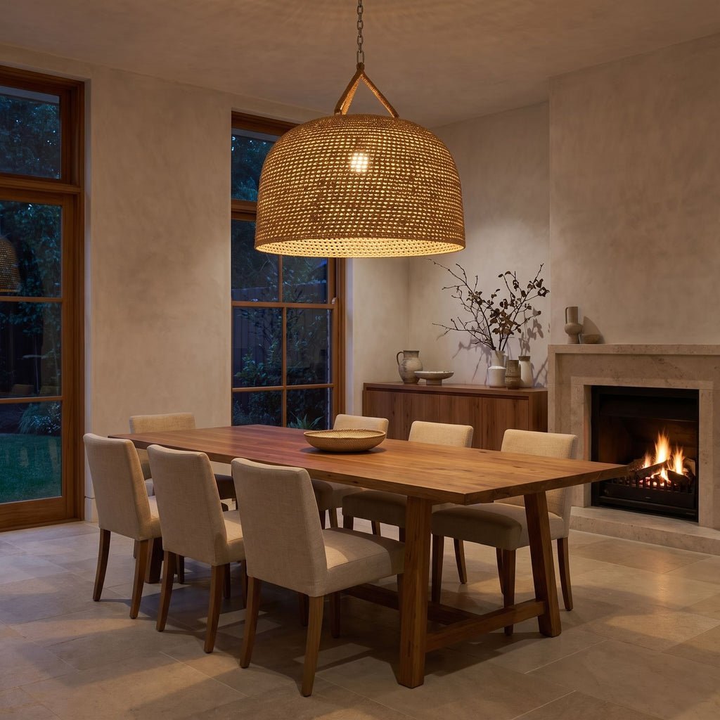 Handwoven Rattan Japandi Pendant Light above a timber dining table