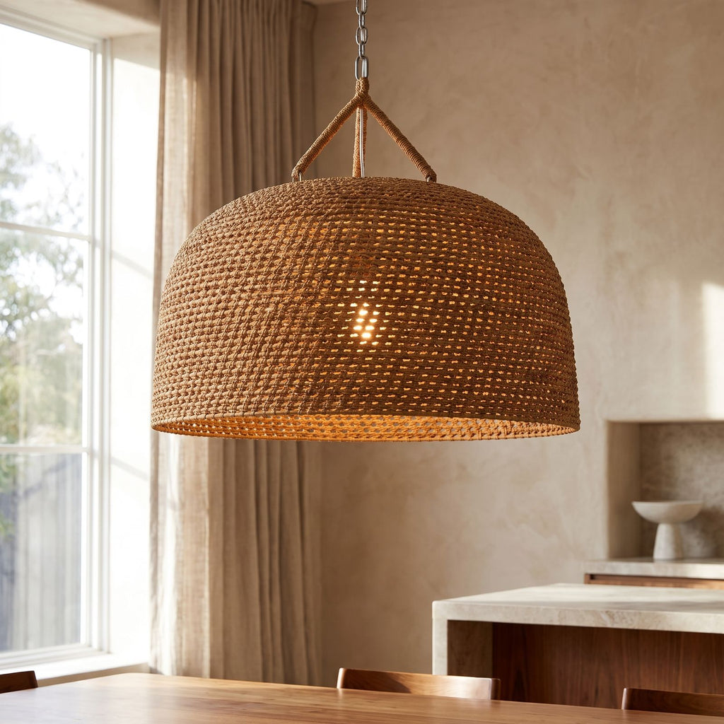 Handwoven Rattan Japandi Pendant Light, close view from below