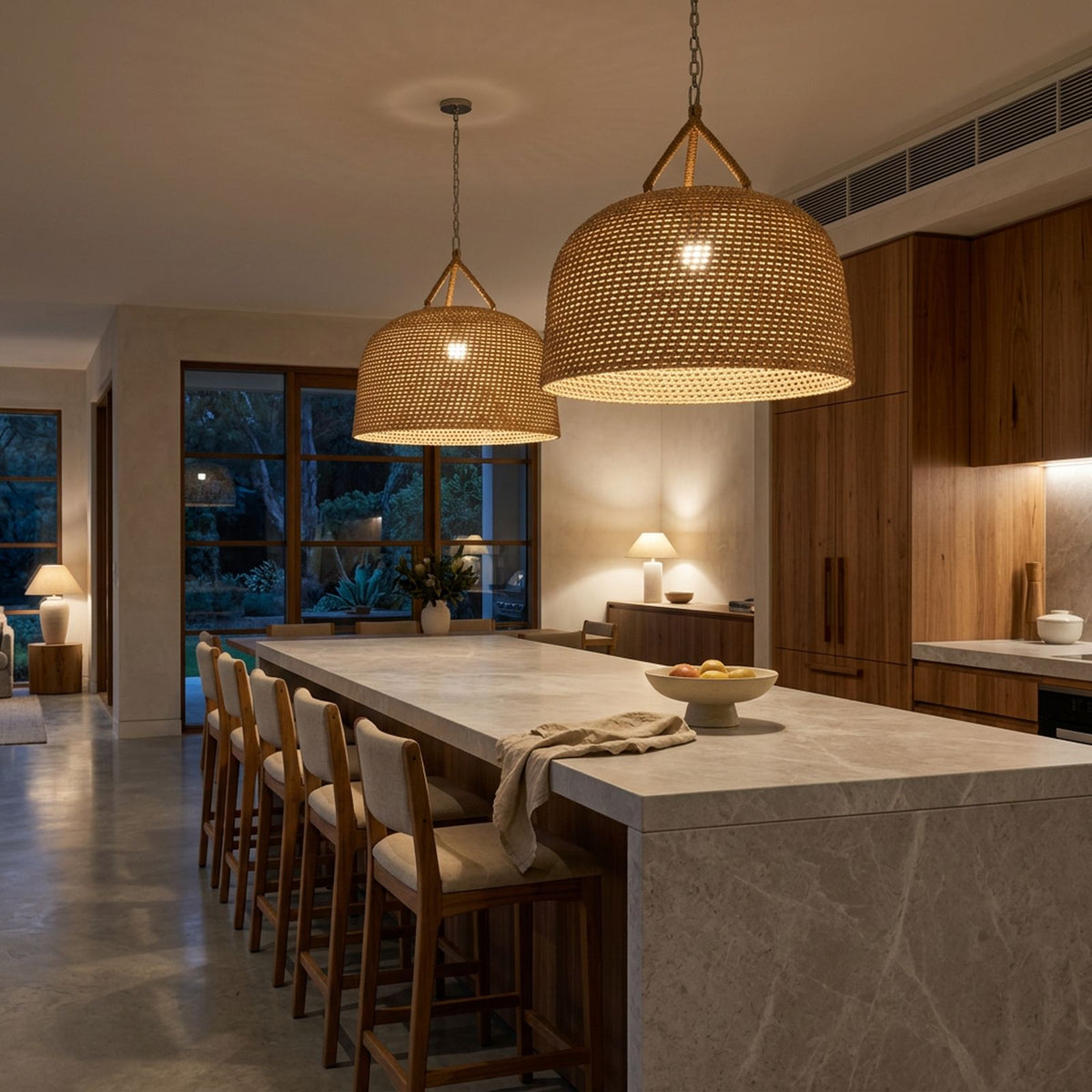 A pair of Handwoven Rattan Japandi Pendant Lights over a stone kitchen island