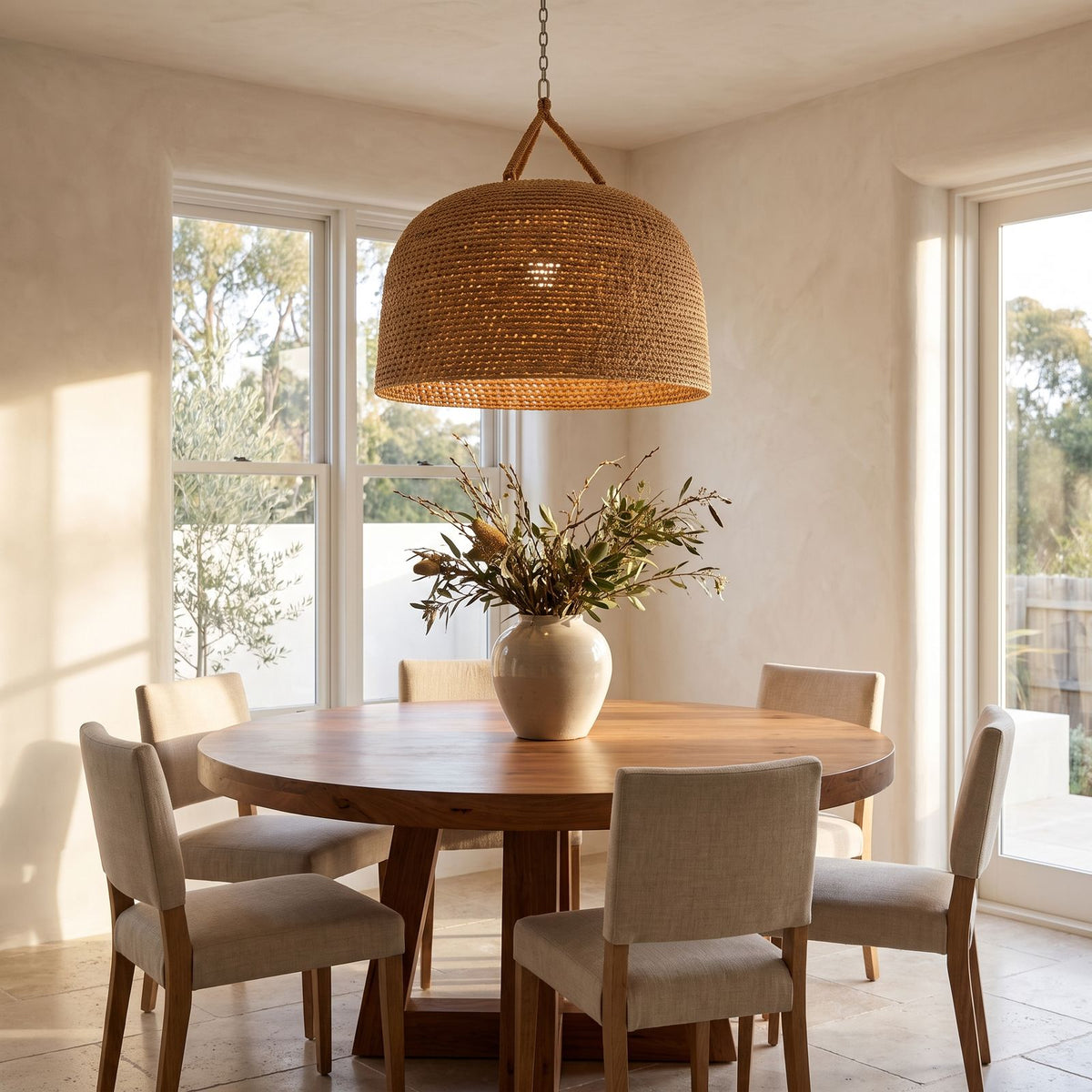 Handwoven Rattan Japandi Pendant Light above a round table in a breakfast nook