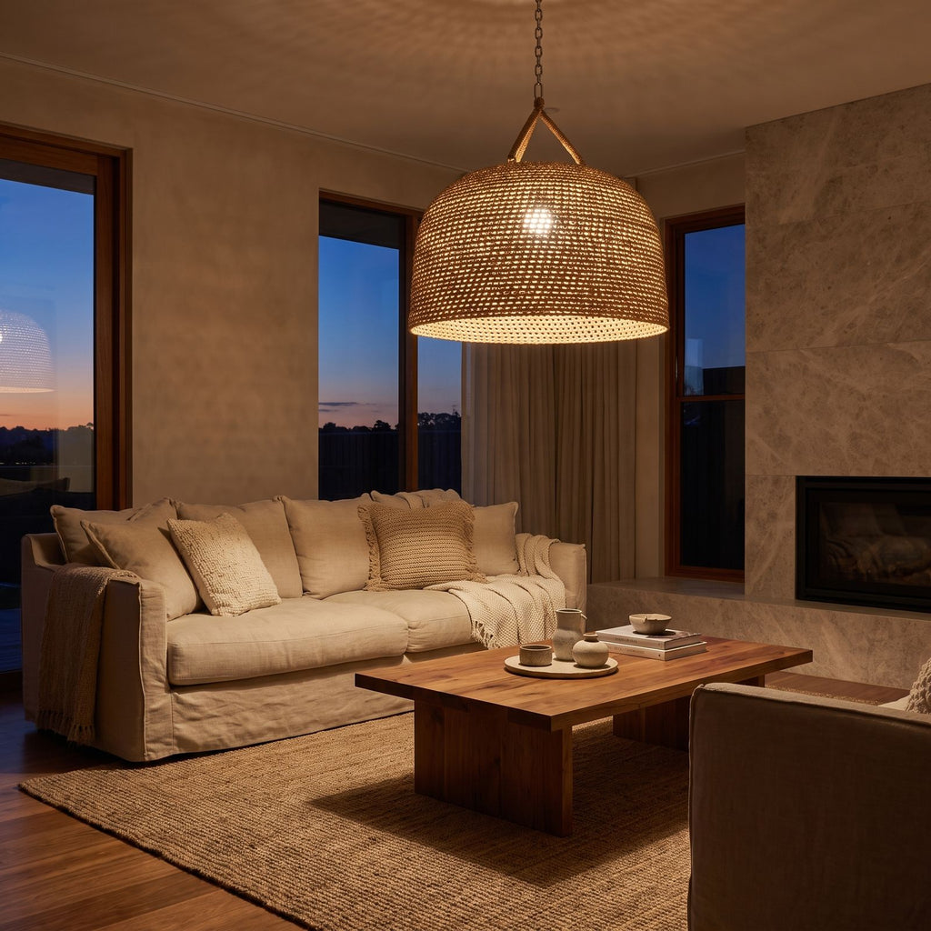 Handwoven Rattan Japandi Pendant Light above a linen sofa in a living room