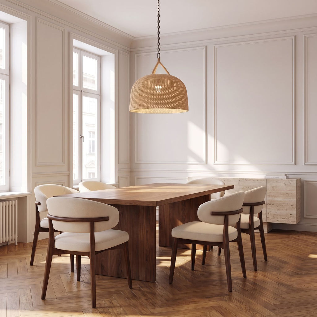 Handwoven Rattan Japandi Pendant Light, Ø45 cm, above a timber dining table in a panelled classic dining room