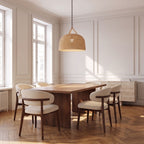 Handwoven Rattan Japandi Pendant Light, Ø45 cm, above a timber dining table in a panelled classic dining room